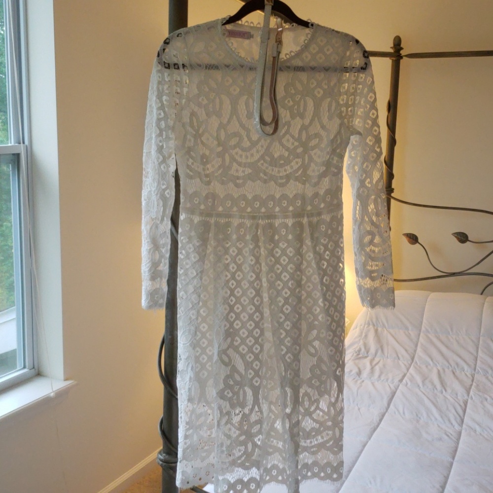 3/4 sleeve white lace flare dress